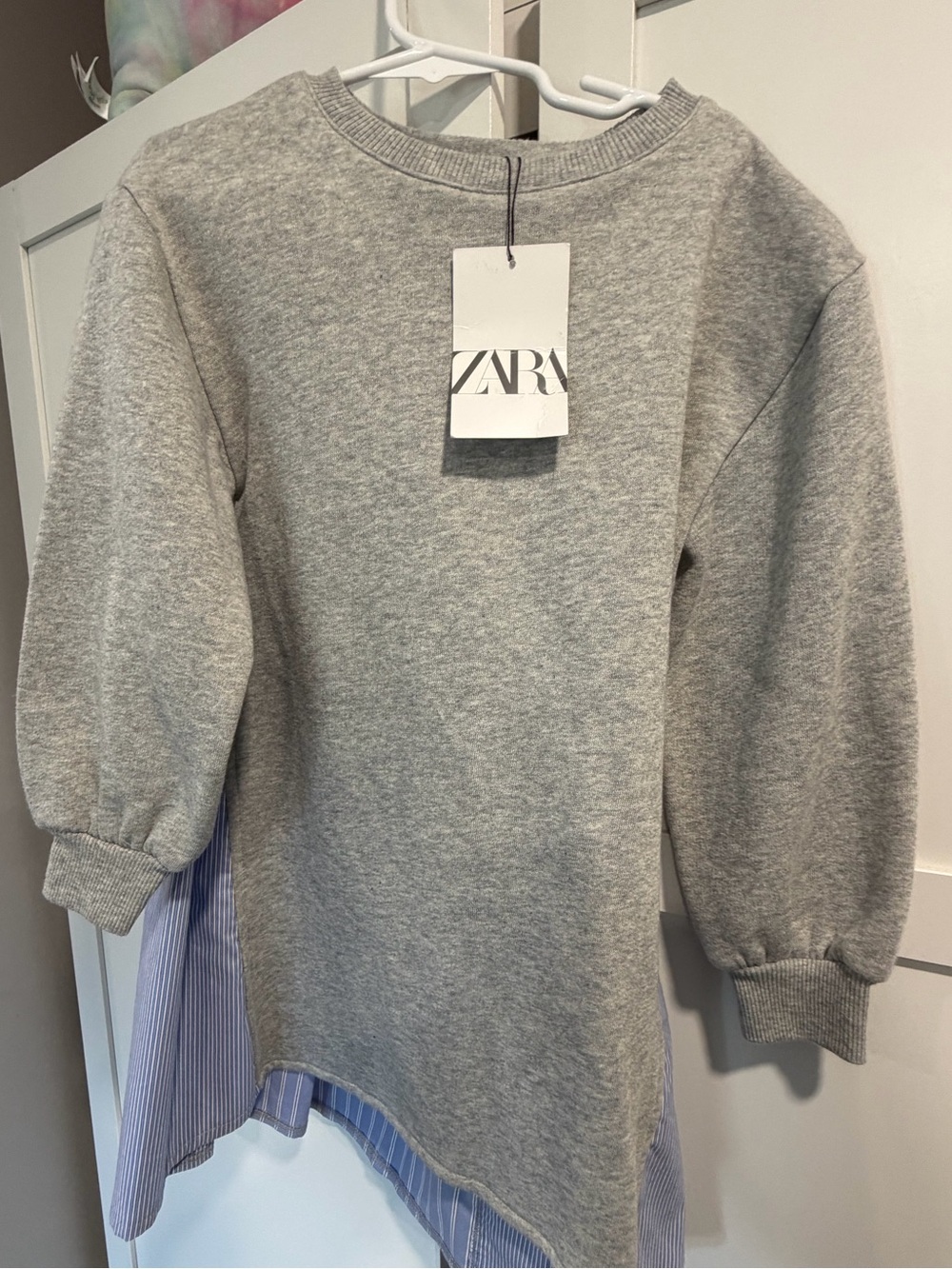 Zara Gray Sweatshirt with Blue Striped Hem Panel